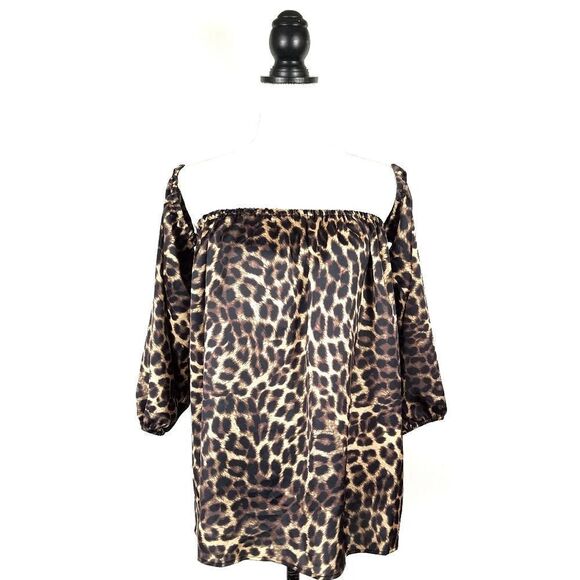 1.State Luxe Animal Satin Off Shoulder 3/4 Sleeve Top - Picture 1 of 9